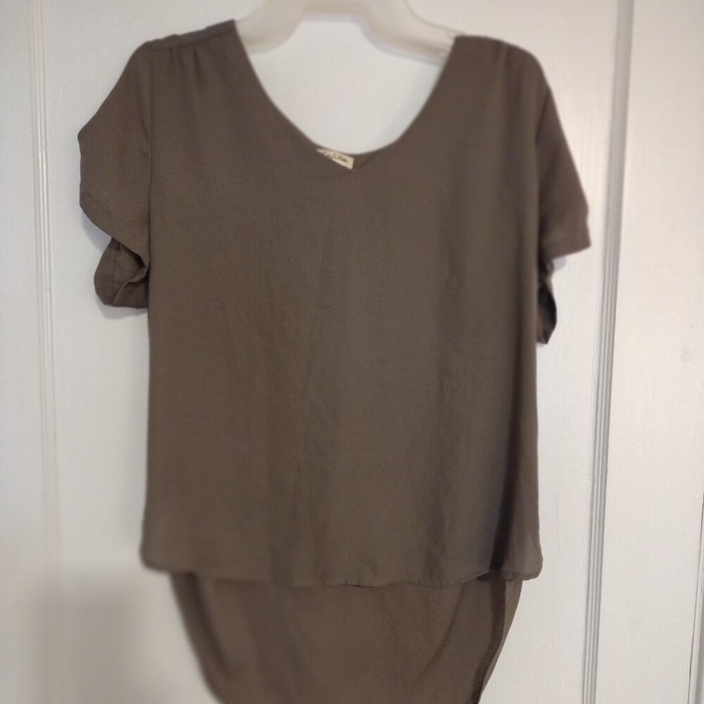 Lily White Women's Blouse Brown Short Sleeves Sz L